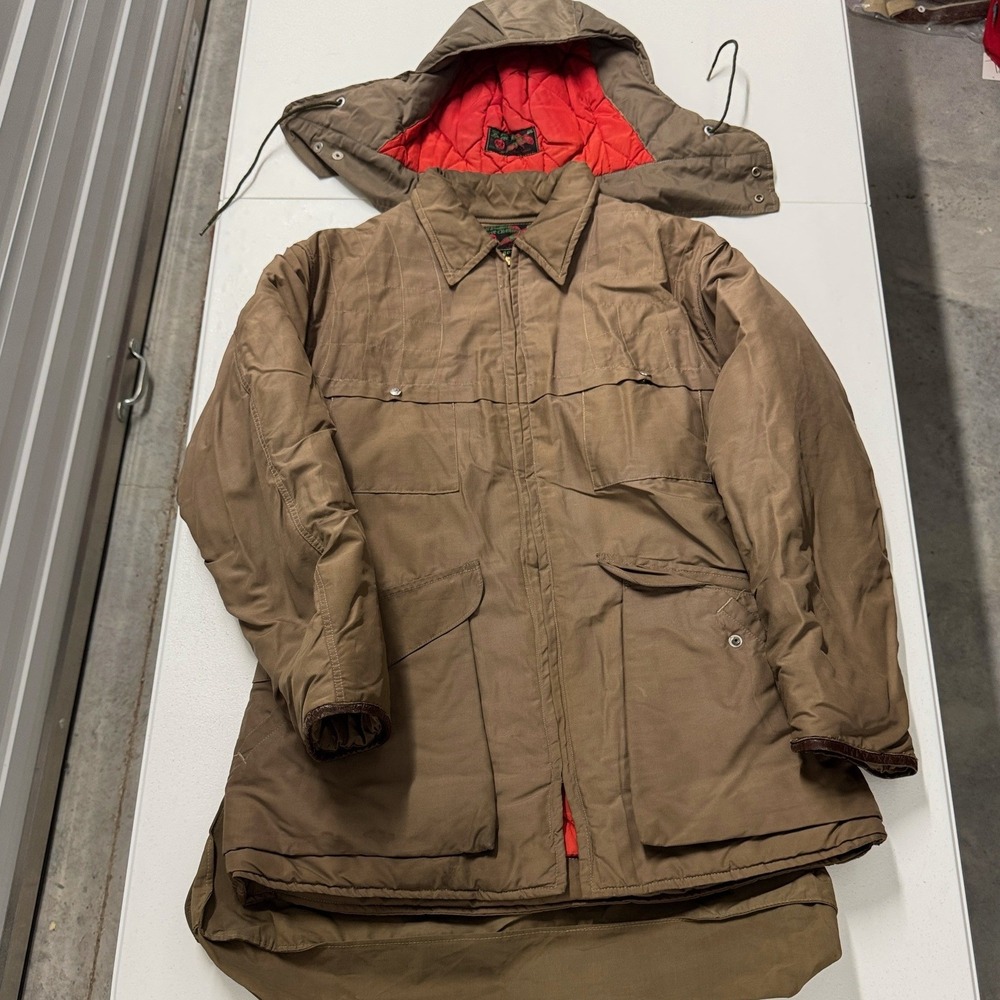 Vintage 70s Hunting Parka Mens Brown Excellent Detachable Hood Game Bag Pocket